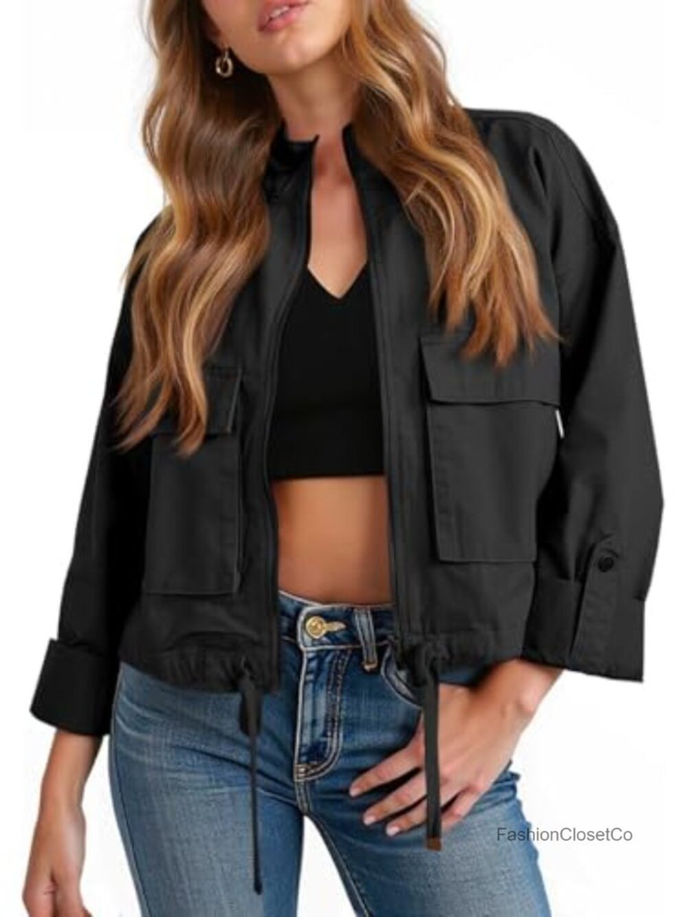 Women Cropped Military Safari Jacket Lightweight Cotton Zip Up